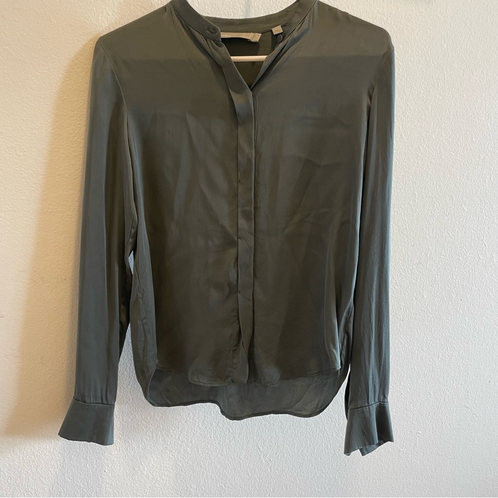 Vince Silk Long Sleeve Green Blouse